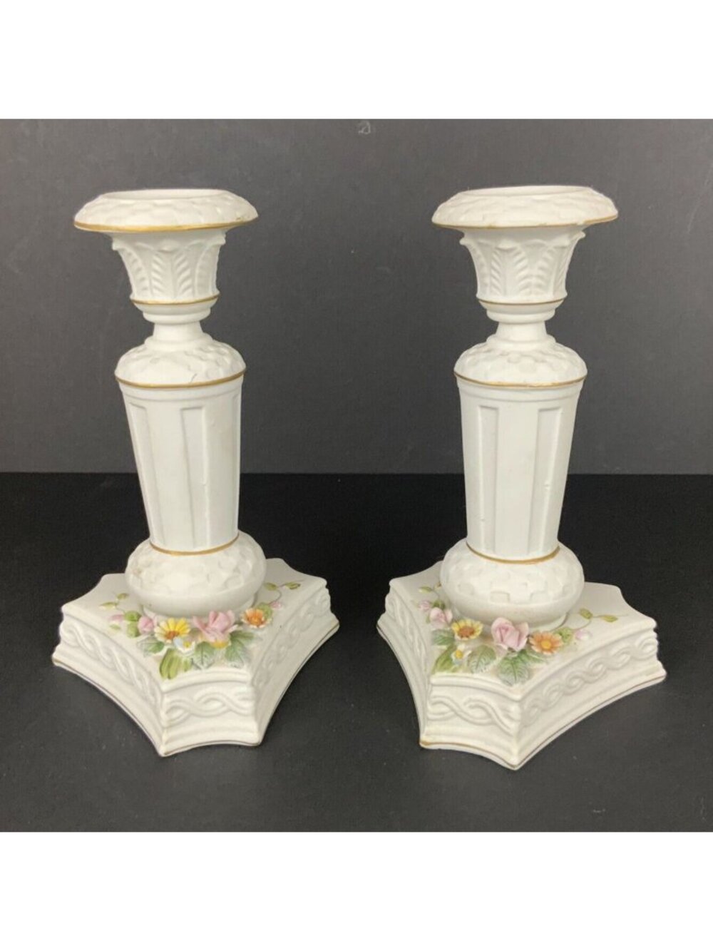 Lefton China Handpainted Porcelain Candlesticks Holders White Floral Cottagecore